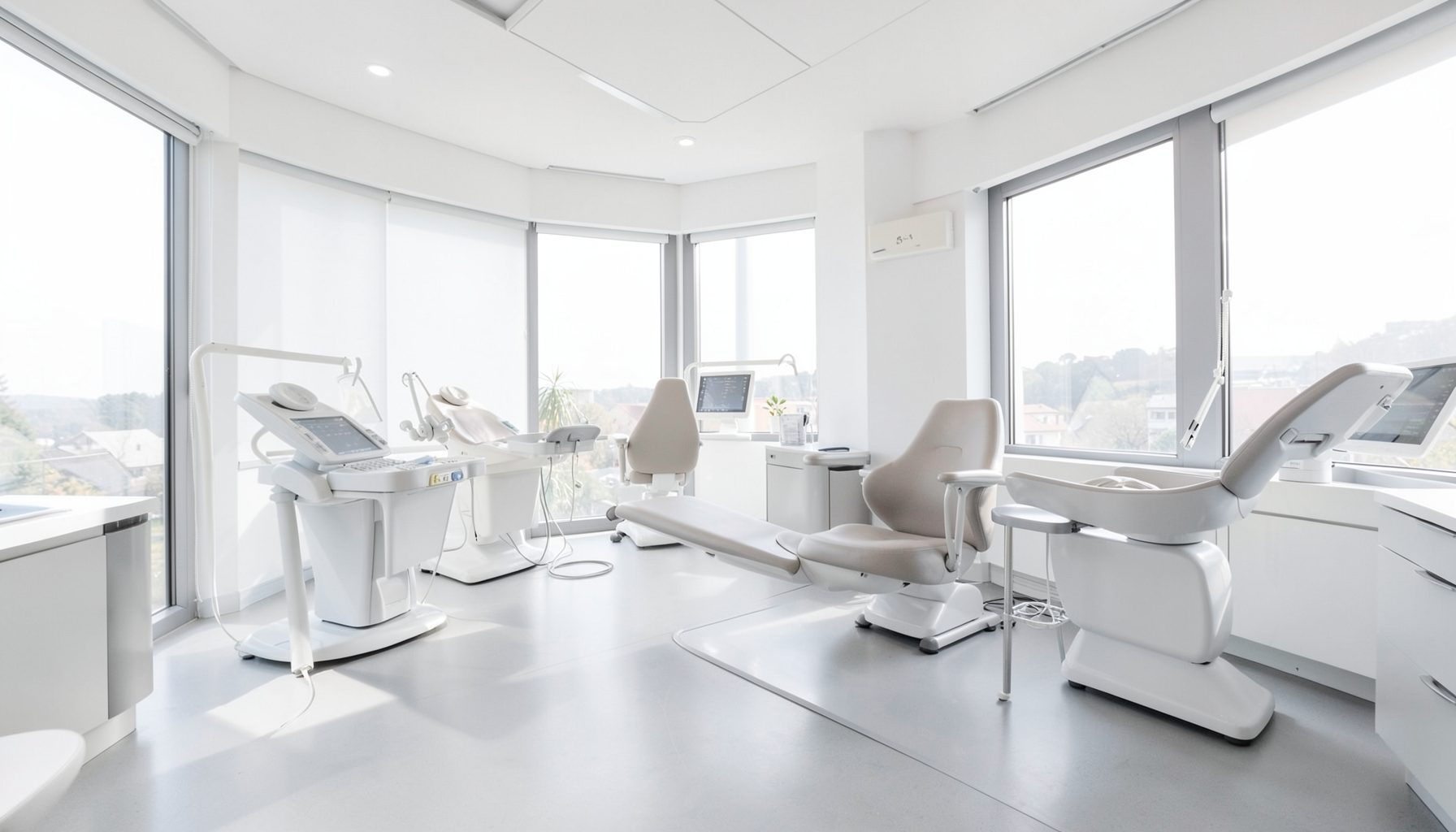Aydınlık ve ferah bir diş kliniği iç mekanı; beyaz ve açık gri tonlarında modern tedavi üniteleri, geniş pencerelerden süzülen doğal ışık, sakin ve profesyonel bir atmosfer.