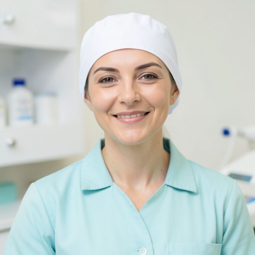 Beyaz klinik önlüğü giymiş, gülümseyen bir kadın diş hekiminin turkuaz ve beyaz tonlarında sakin bir portresi
