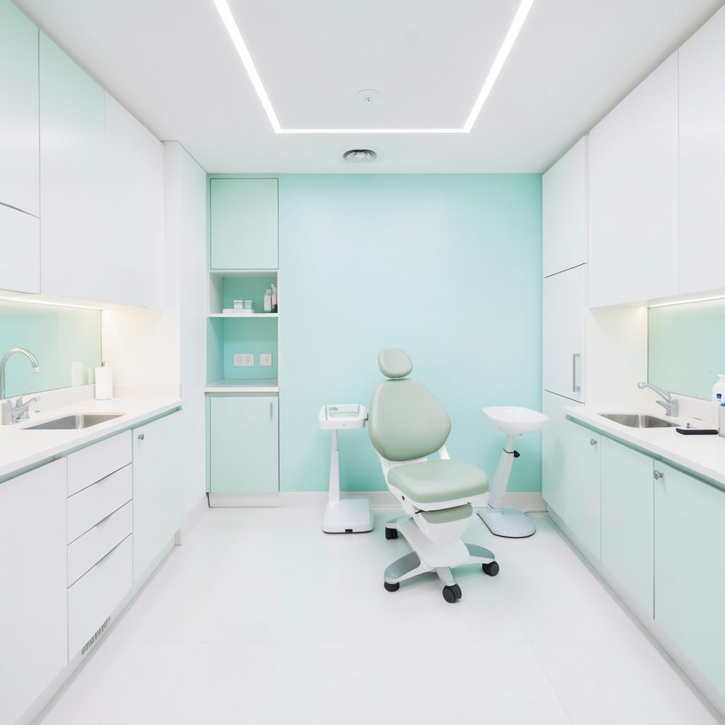 Modern bir diş kliniği muayene odasının temiz beyaz ve turkuaz tonlarda, aydınlık ve düzenli görünümü