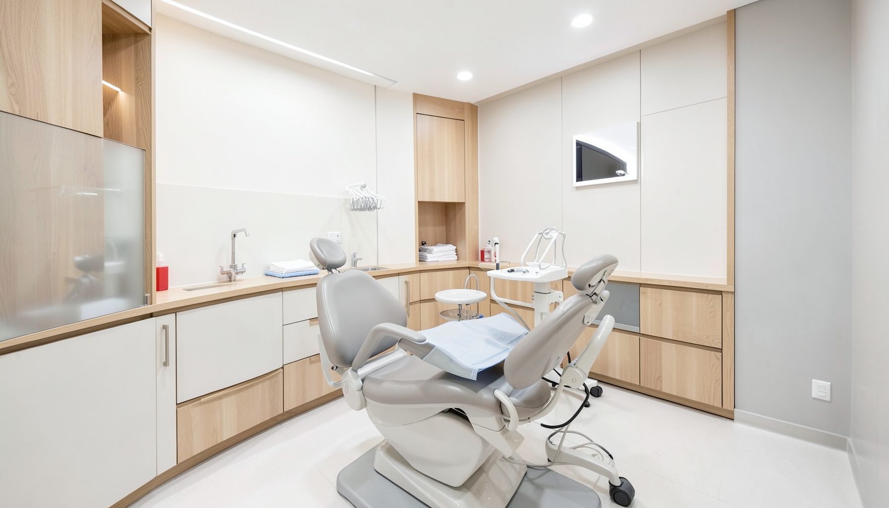 Modern bir diş kliniğinde profesyonel ortodonti muayene ortamı; yumuşak beyaz ve açık gri tonlar, sıcak ahşap detaylar ve ferah bir atmosfer.